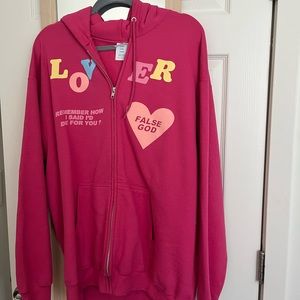 Taylor Swift Lover Zip-Up Hoodie in pink size XL